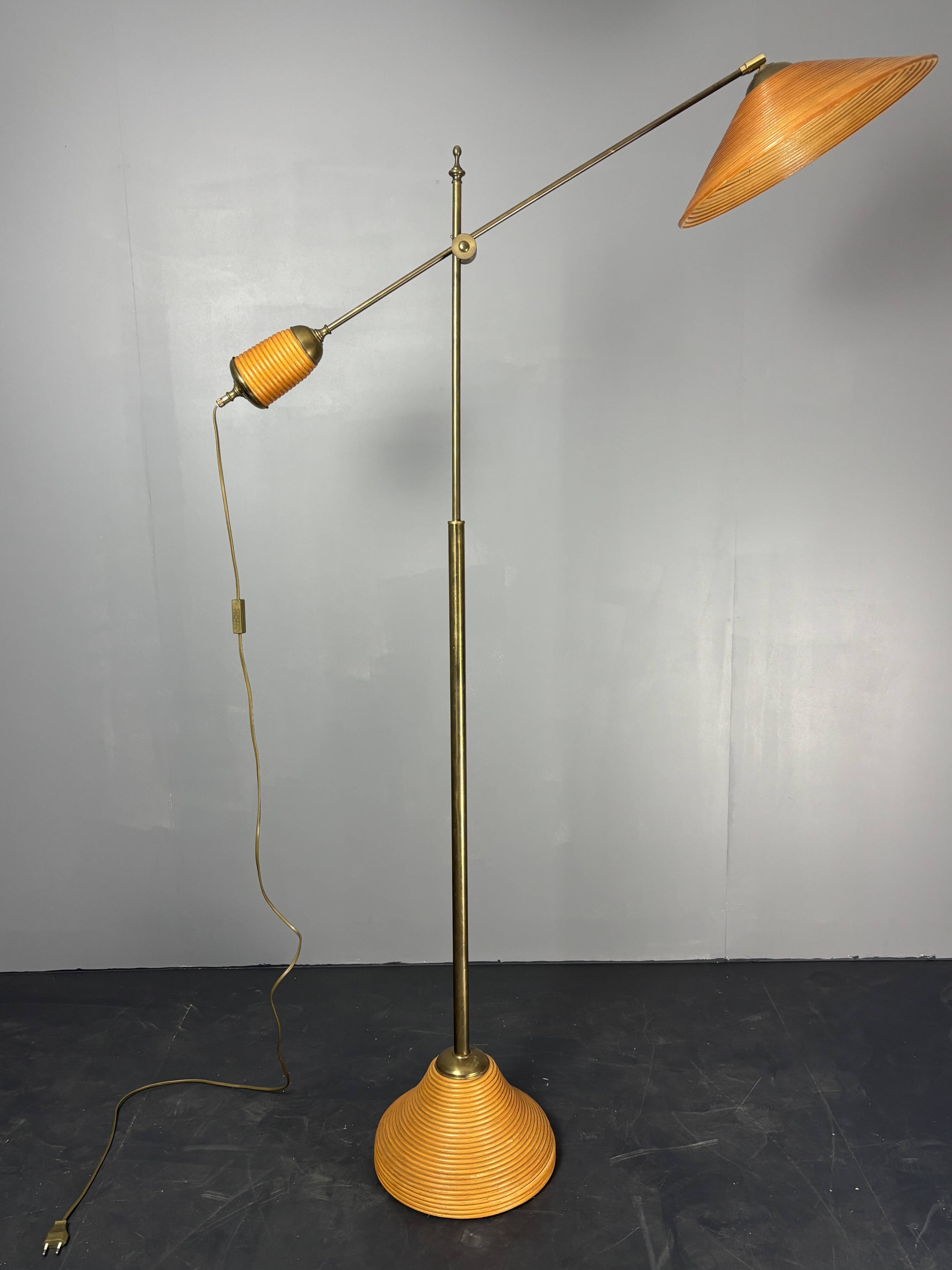 Italian Adjustable Floor Lamp in Pencil Reed Rattan Bamboo and Brass, 1970s
