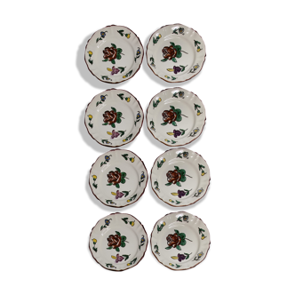 Set de 8 assiettes à dessert "Sarreguemines" peintes à la main à décor de fleurs