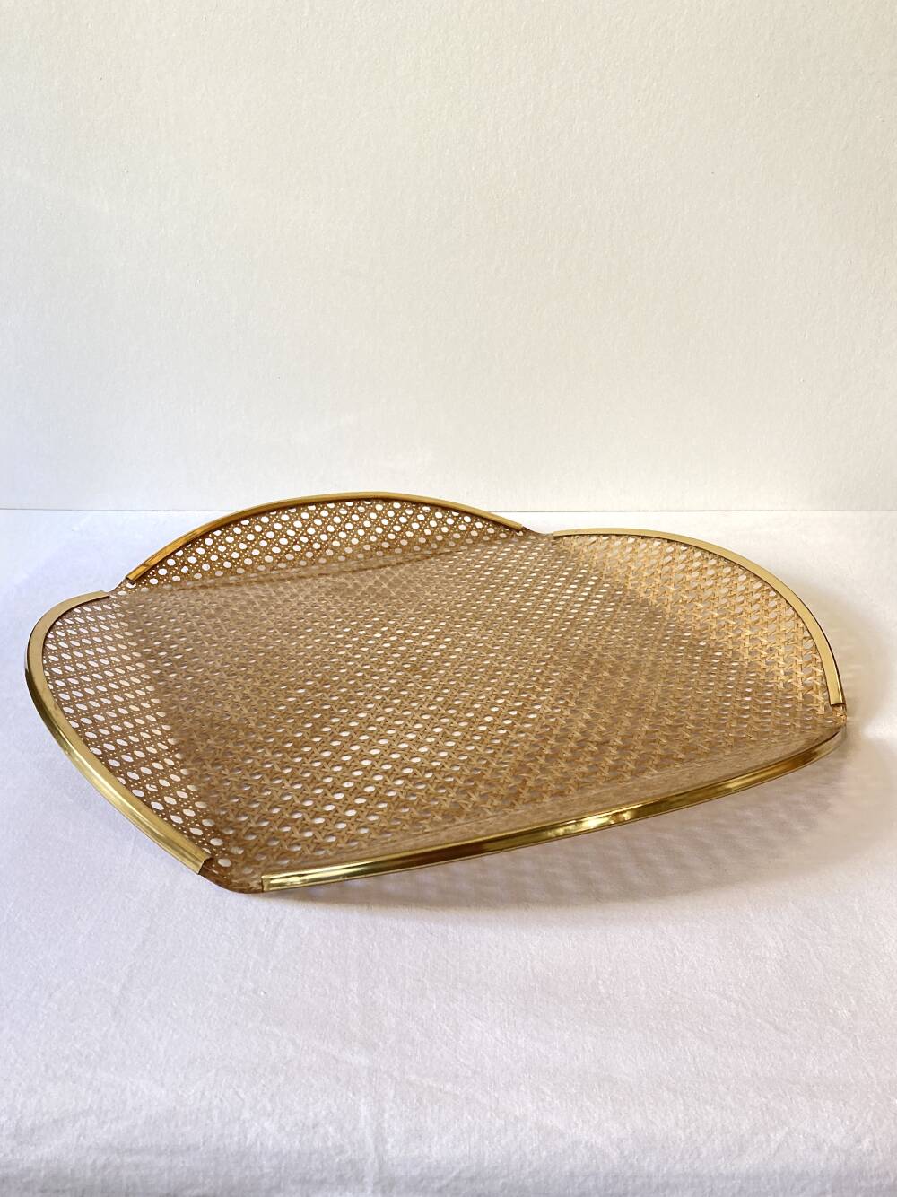 Acrylic glass plateau, caning & brass, 1970, attributed to Roche Bobois.
