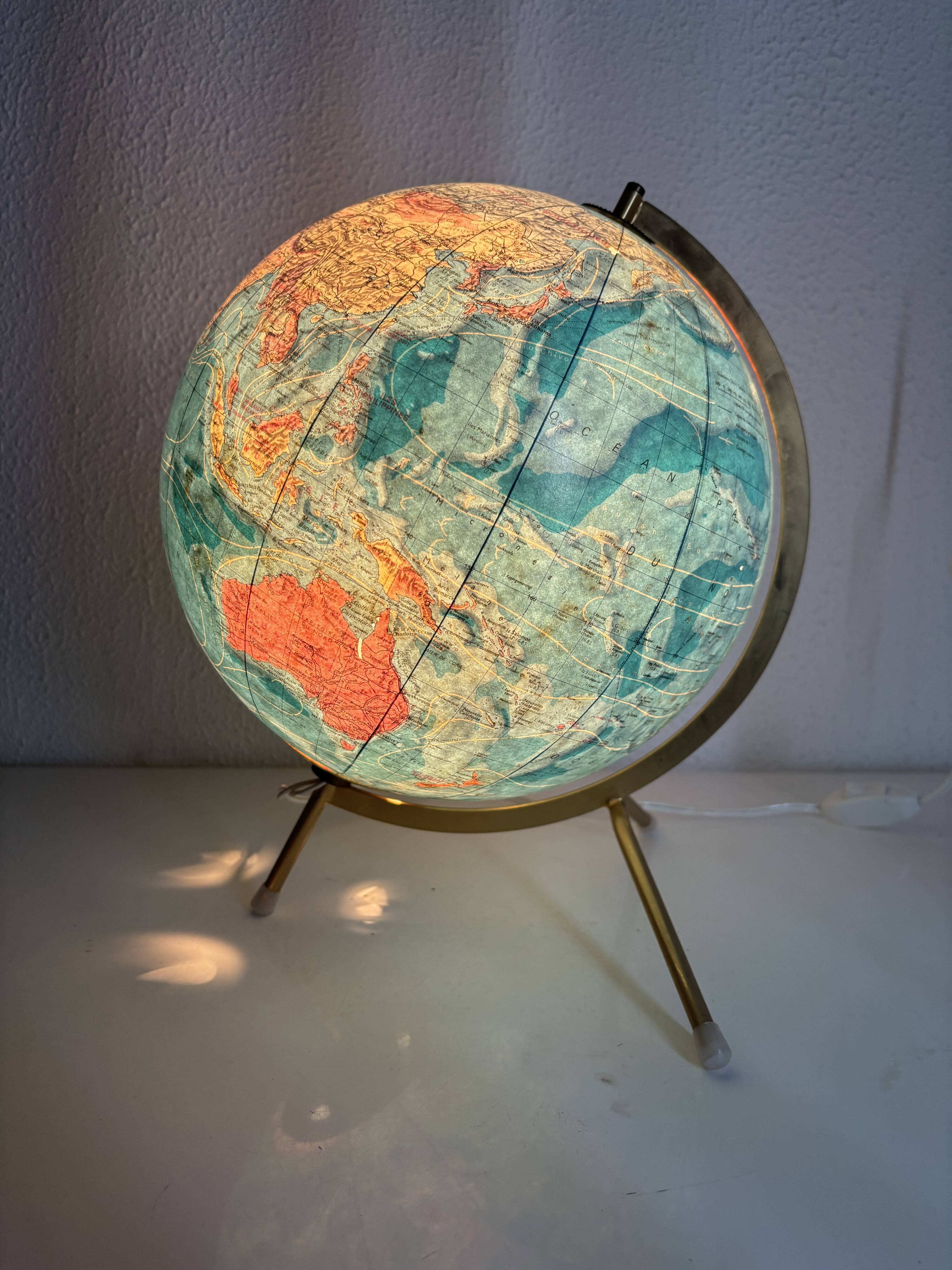 Globe vintage 1975 terrestre verre tripode doré Taride - 32 cm