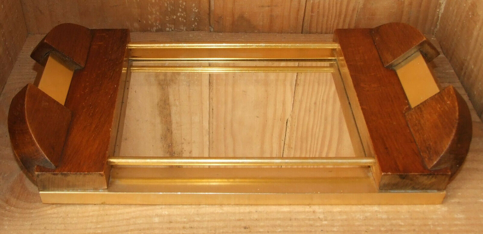 Golden aluminum wooden tray & rectangular mirror circa 1950