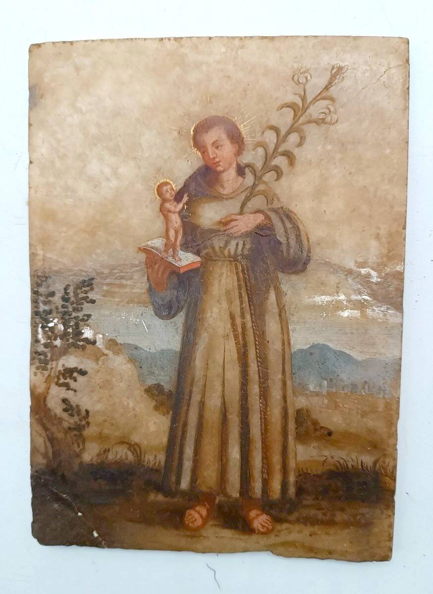 Antique painting on alabaster, Italy, 18th century, Saint Anthony of Padua