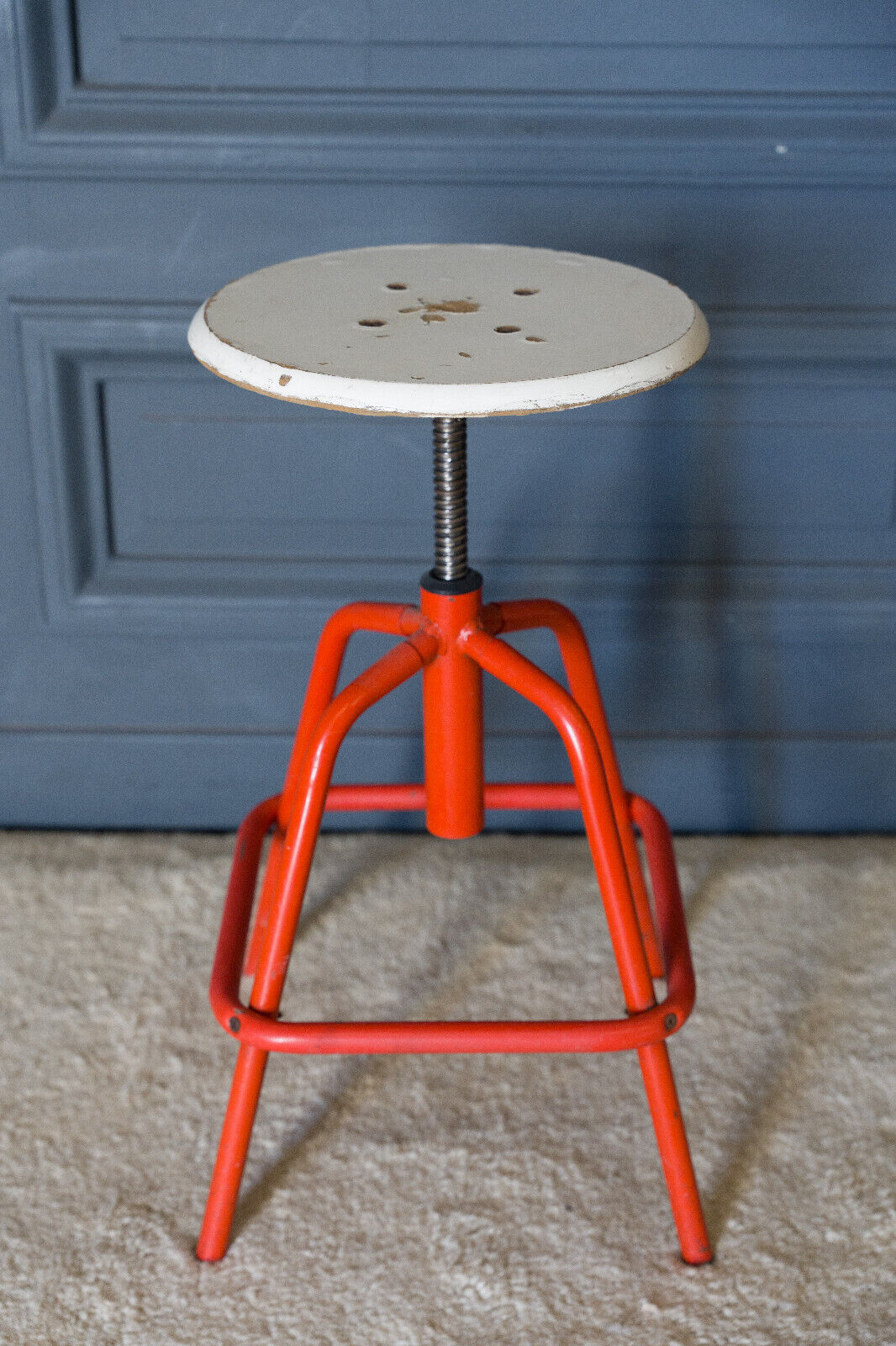 Screw stool red ironwork 1960 wooden seat
