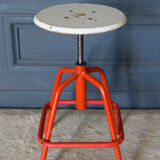 Screw stool red ironwork 1960 wooden seat