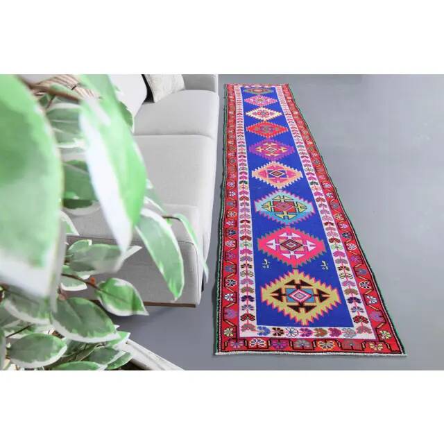 1970s Vintage Turkish Hand-Knotted Wool Cotton Blue Runner Rug 83x364
