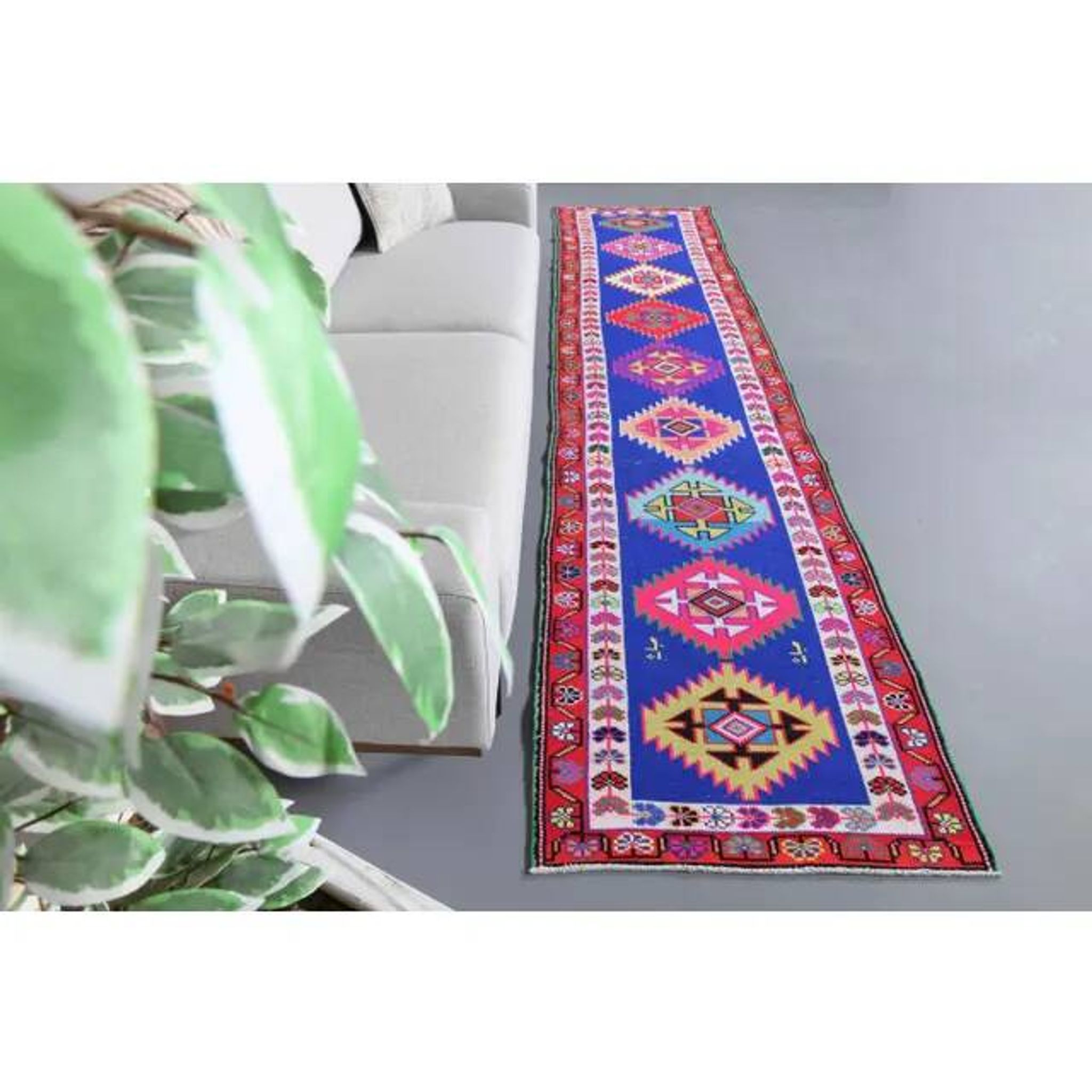1970s Vintage Turkish Hand-Knotted Wool Cotton Blue Runner Rug 83x364