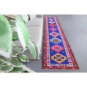 1970s Vintage Turkish Hand-Knotted Wool Cotton Blue Runner Rug 83x364