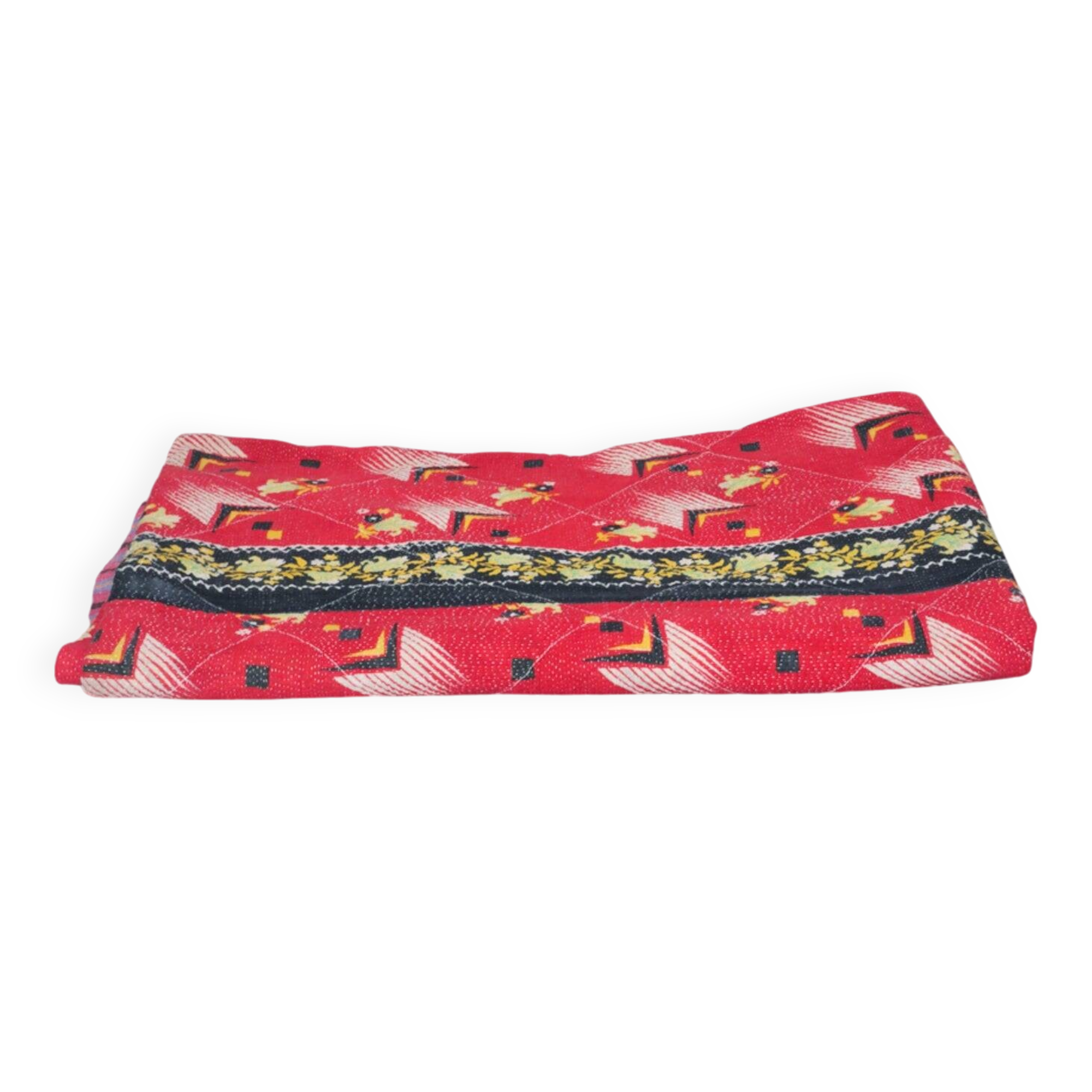 Kantha sari couvre-lit, Tartan coton recyclé brodé à la main