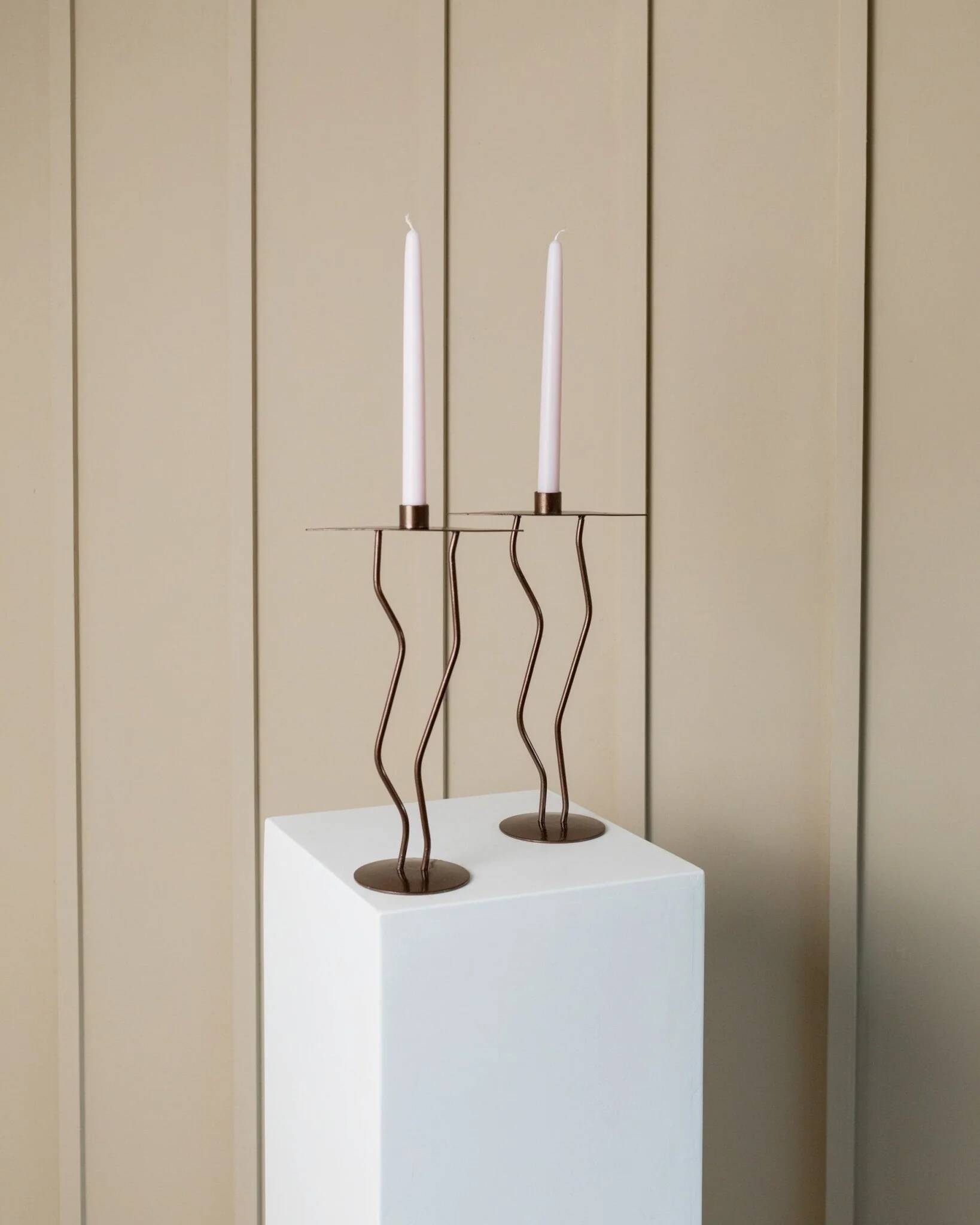 Dark Bronze Metal Candlesticks, Zigzag Postmodern Memphis Style, 2-Piece Set, Italy 1990s