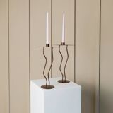 Dark Bronze Metal Candlesticks, Zigzag Postmodern Memphis Style, 2-Piece Set, Italy 1990s