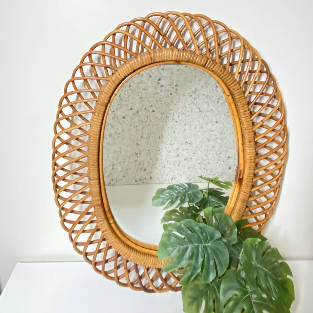 Oval rattan mirror attributed to franco albini - 1960's