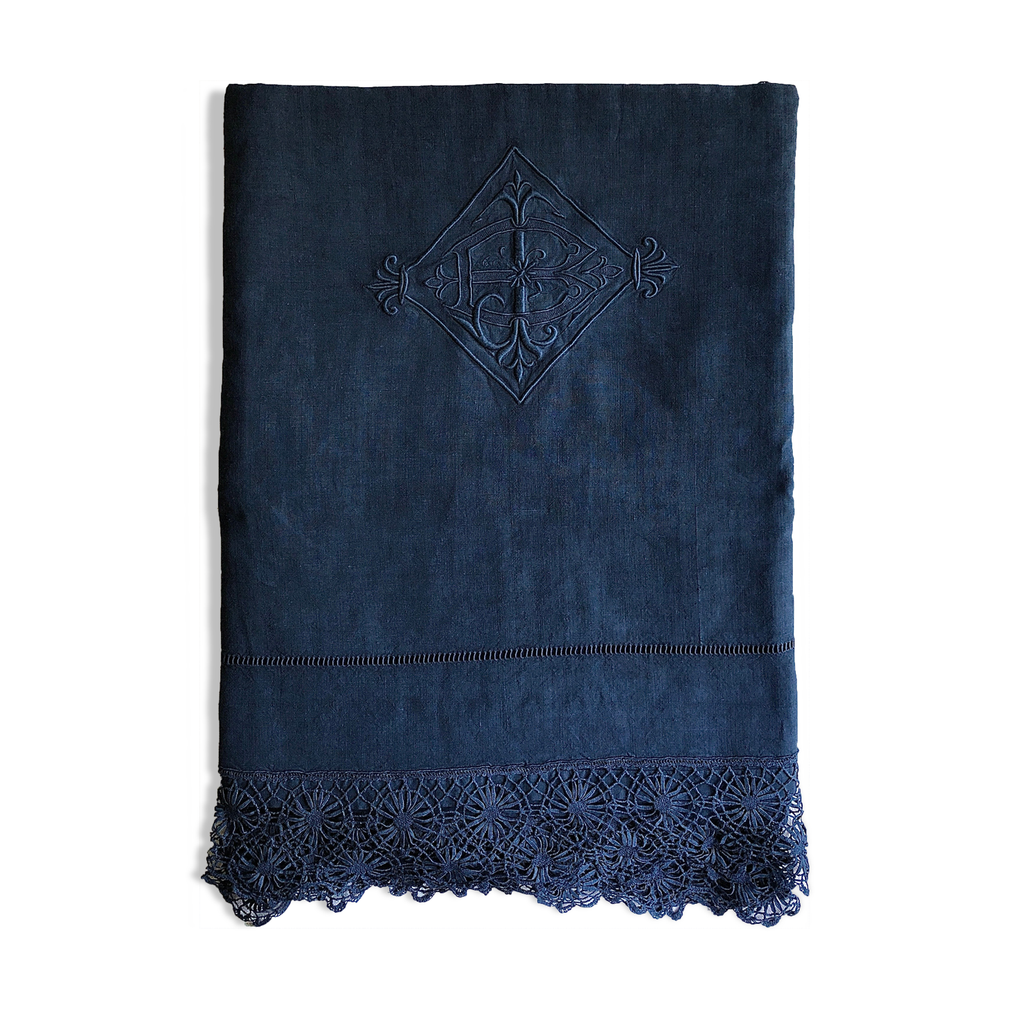 Old sheet in pure washed linen thread blue twilight