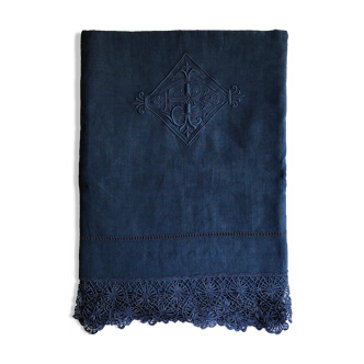 Old sheet in pure washed linen thread blue twilight