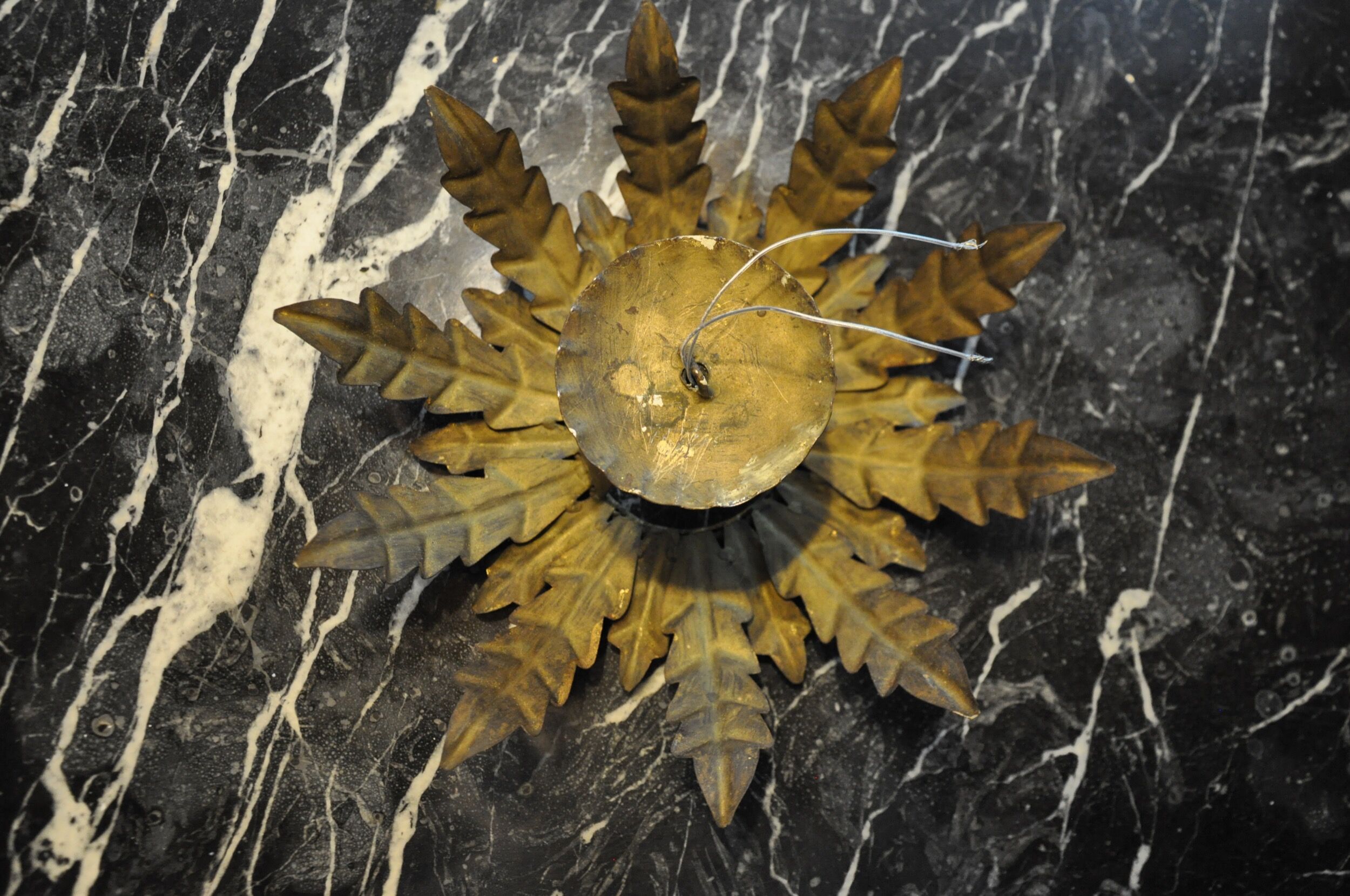 Sun wall lamp by ferro arte, metal and gold leaf, Spain, 1960