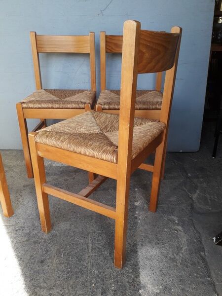 Set de 4 chaises estampillées design bois et paille epoque 1960/70