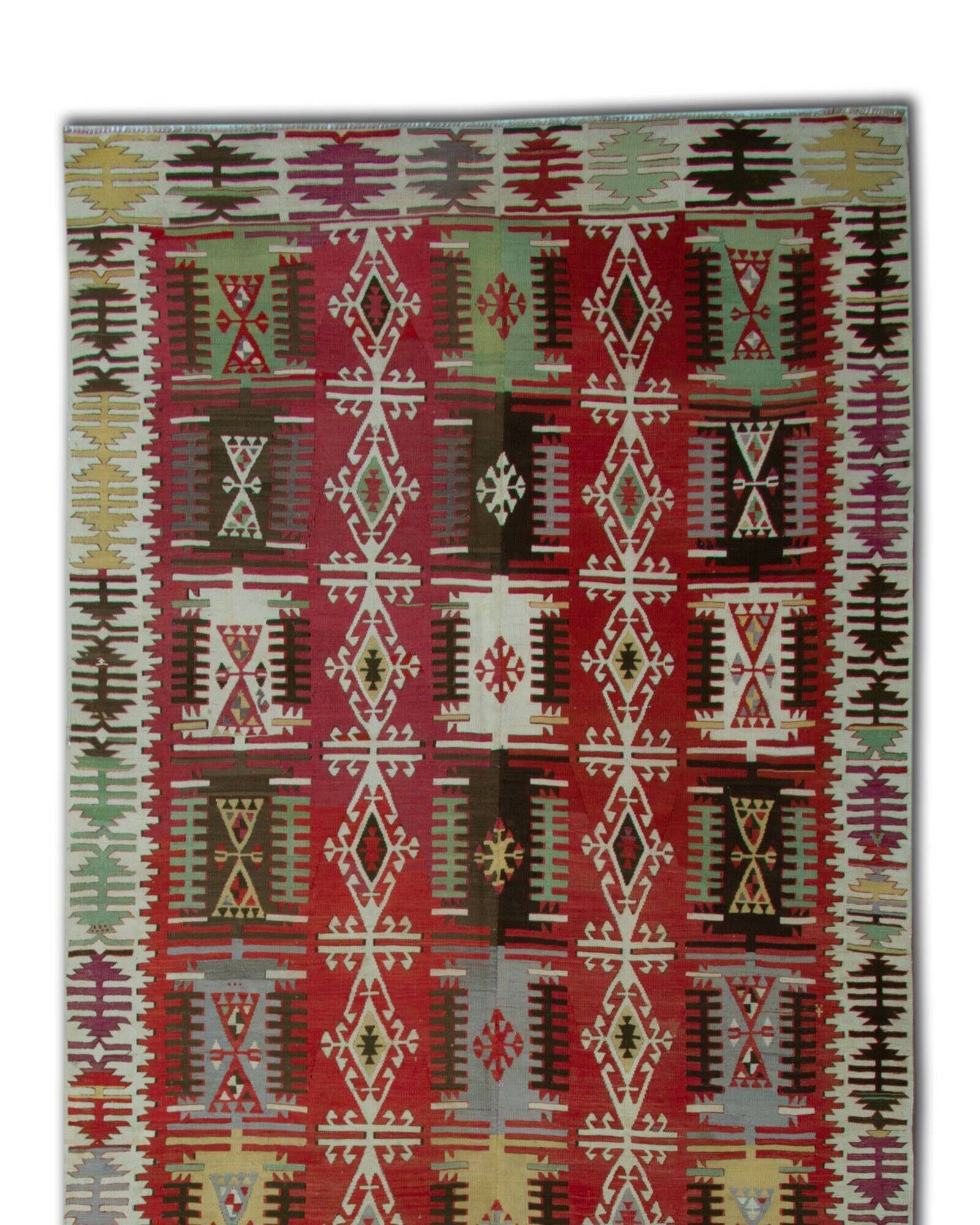 Turkish Kilim Runner 1890s, Handmade Wool Tribal Geometric Rug 390x163cm