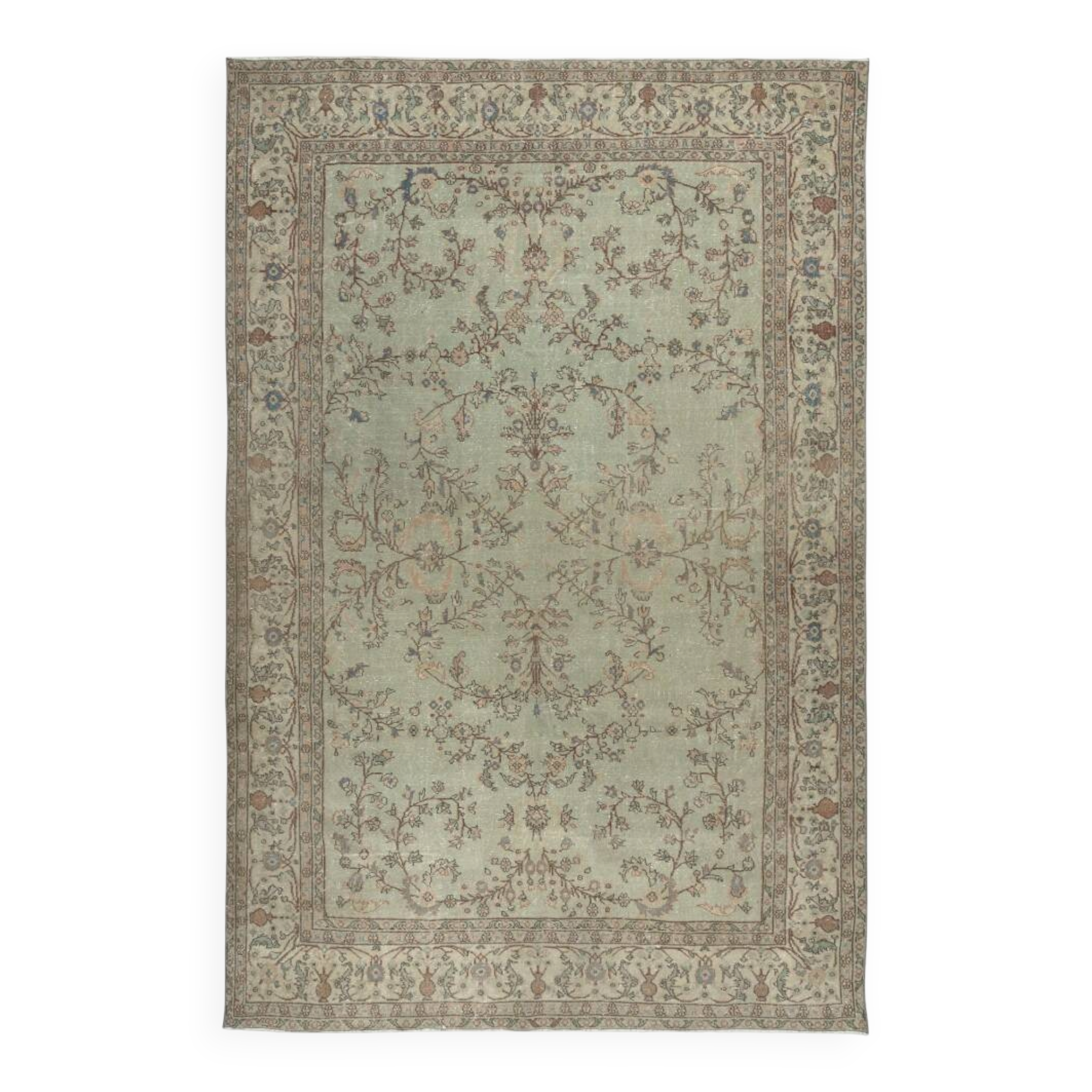 Vintage Handmade Soft Green Rug. One of a kind Floral Design Turkish Carpet