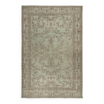 Vintage Handmade Soft Green Rug. One of a kind Floral Design Turkish Carpet