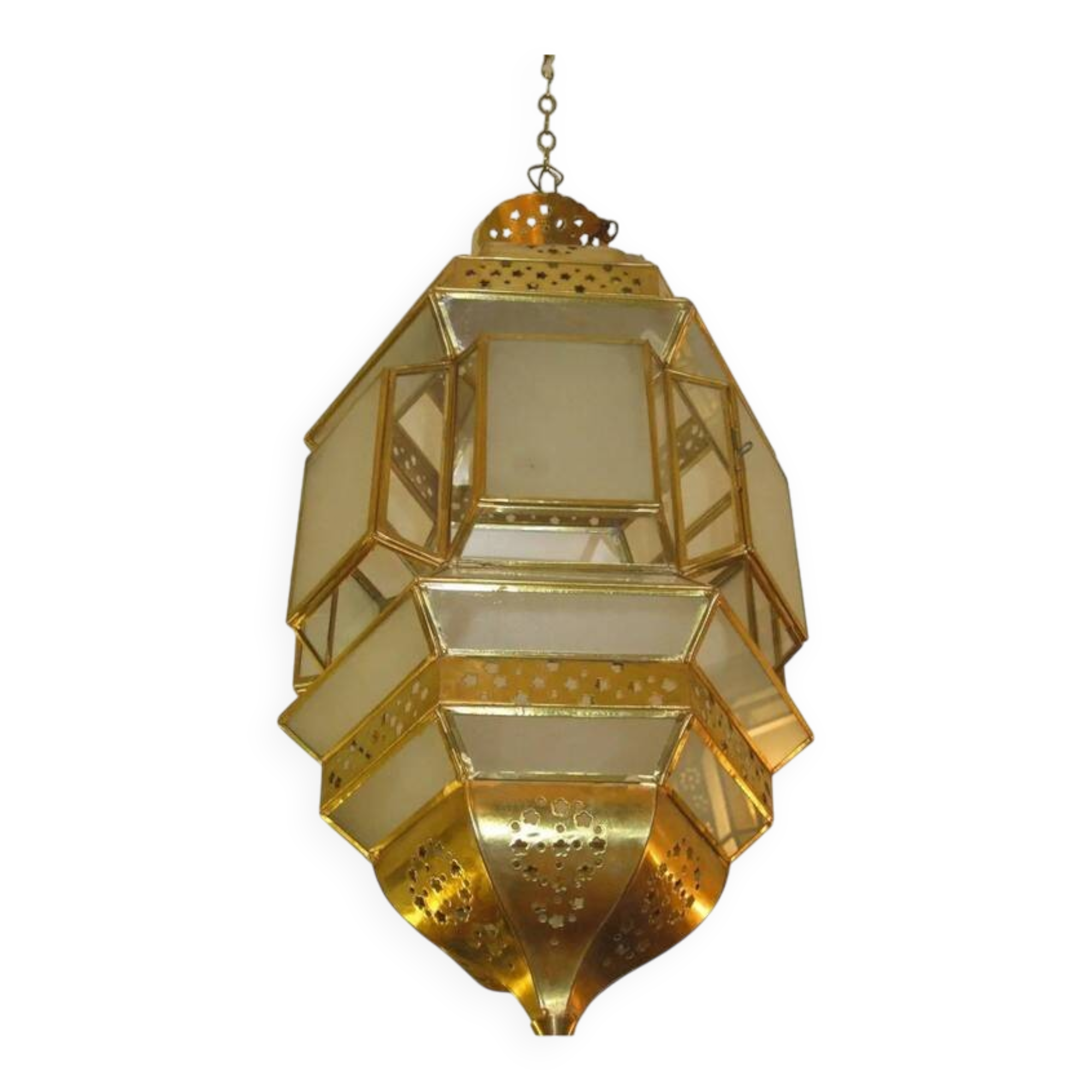 Traditional Moroccan hanging lantern in glass and metal.
