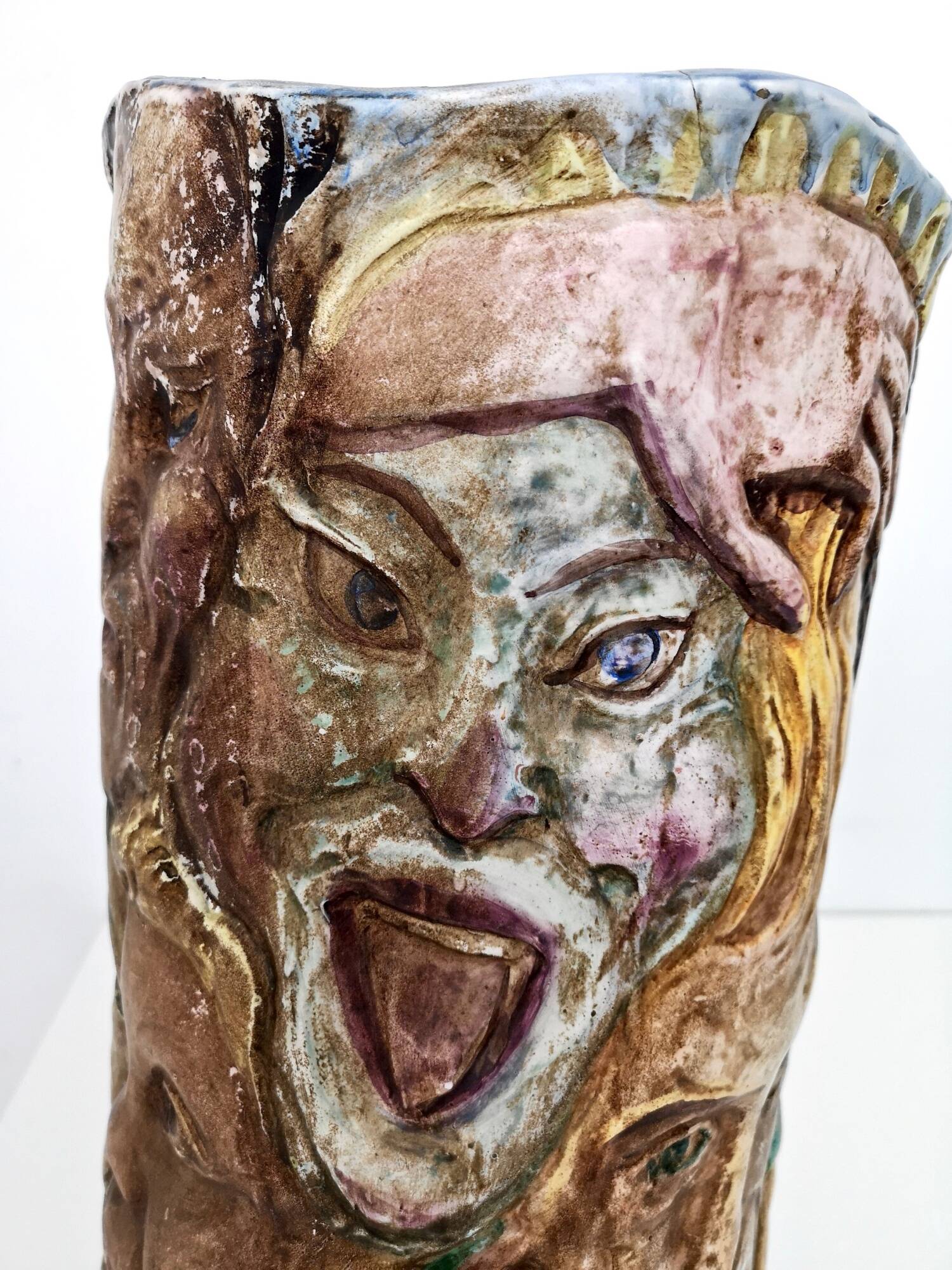 Unique Vintage Hand-Painted Vase with Faces Ascribable to Tullio d'Albisola