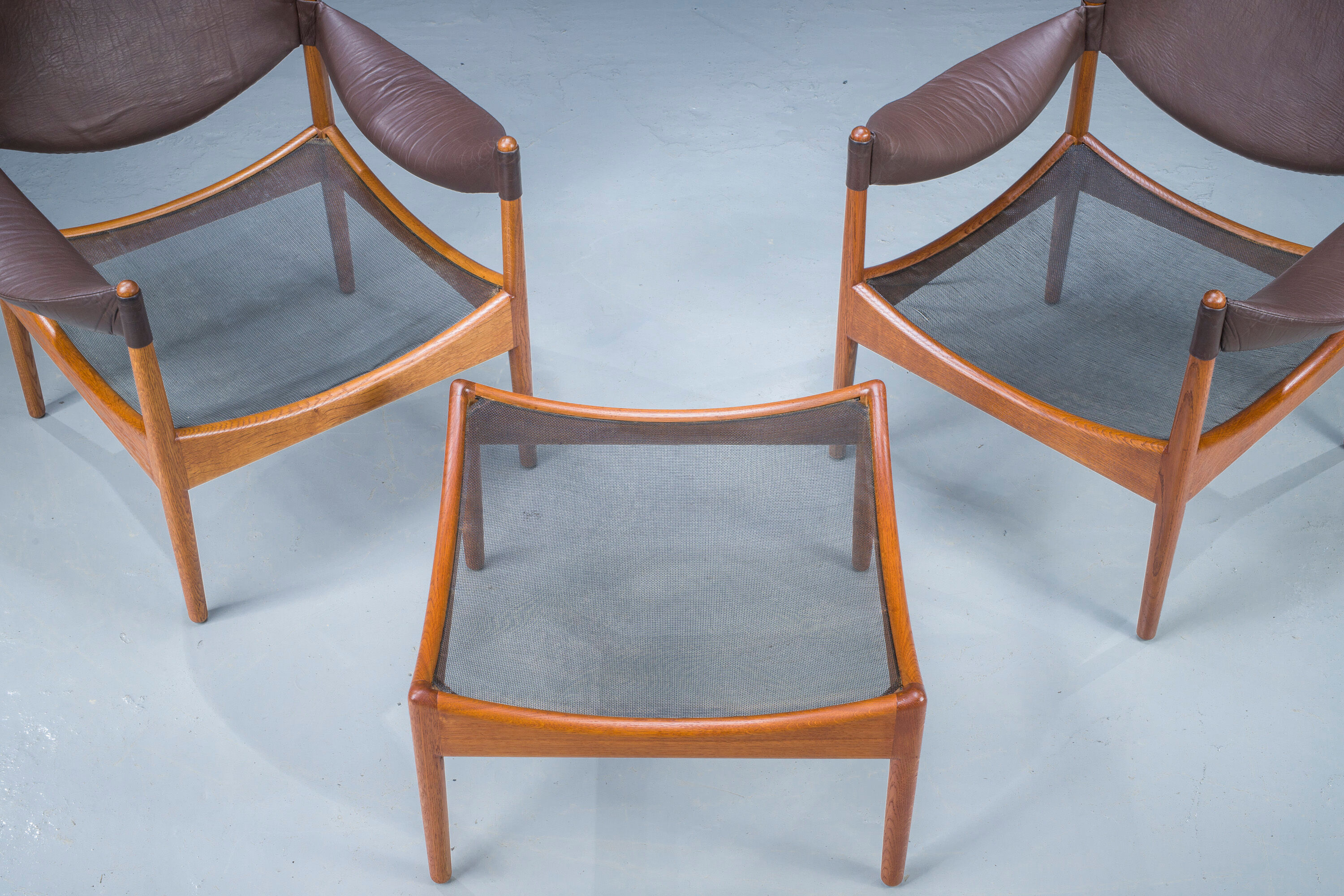 Mid-century danish oak and leather lounge chairs & ottoman by kristian vedel, 1960s, set of 3