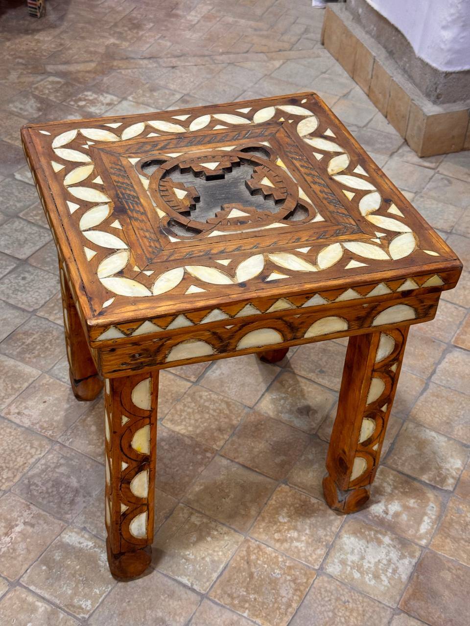 Moroccan camel bone marquetry wooden table for bedroom or living room