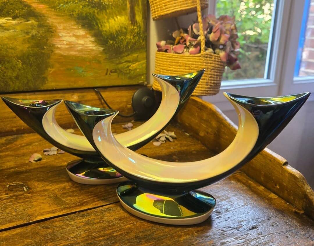 Magnifique Paire De Bougeoirs En Verceram 1950