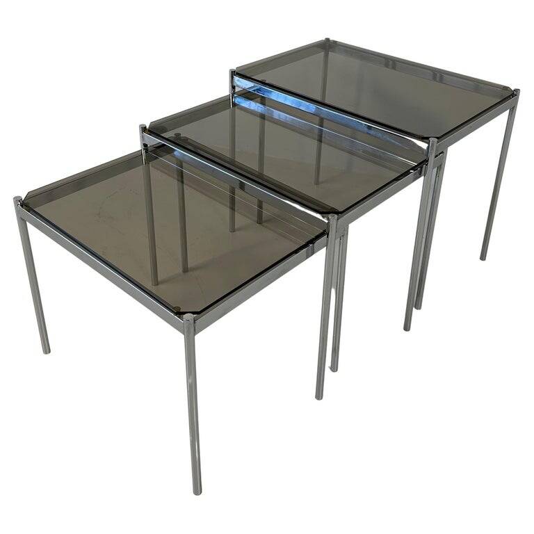 Italian Midcentury Set of Three Chromed Metal Glass Stackable Tray Tables,