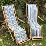 Pair of 19th-century wooden deck chairs with pegged frames and wrought iron