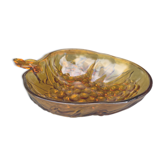 Salad bowl, hollow dish in ochre glass in the shape of vintage grapes 1970