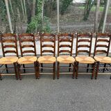 6 solid wood dining chairs with rush seats, oak, 19th century.
