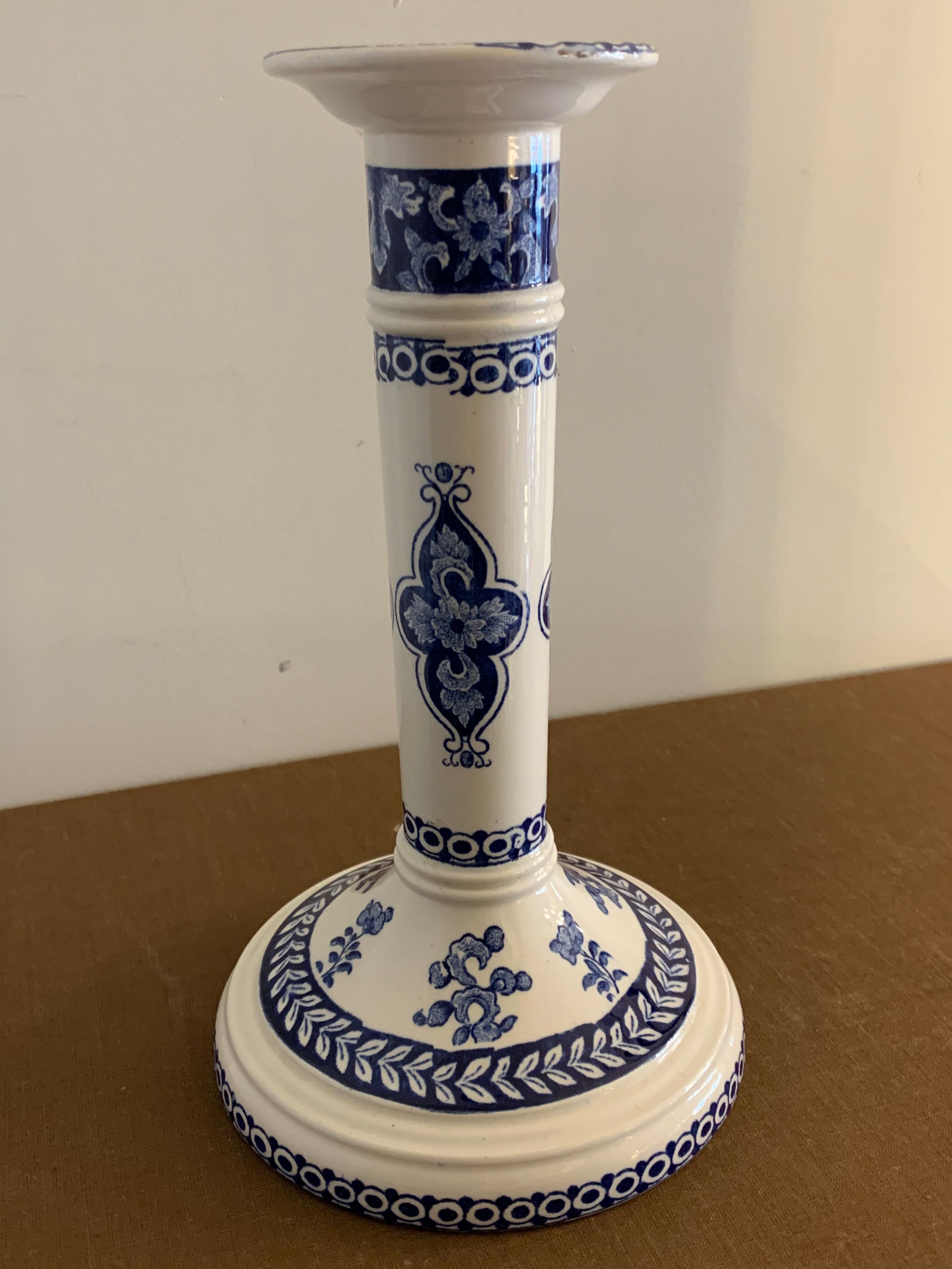 Pair of old candlesticks in blue and white earthenware Gien 1950