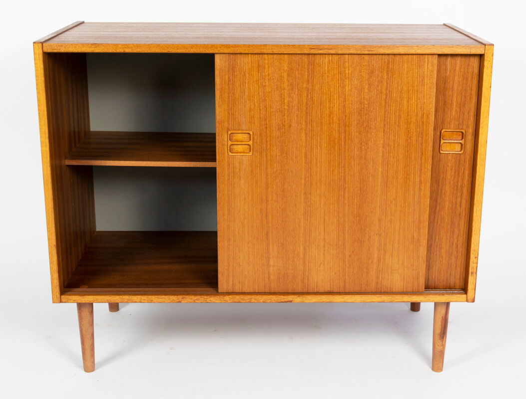 Teak slide door cabinet, made in Sweden, marked swan, 1960s
