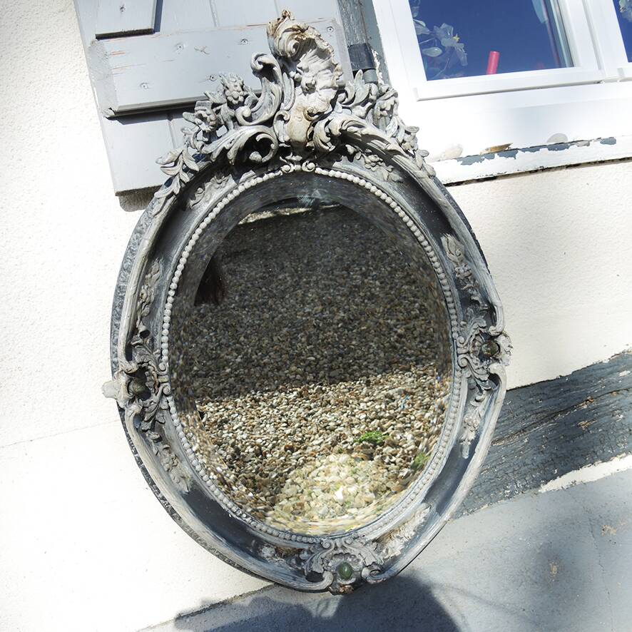 Antique Oval Beveled Mirror with Baroque Carved Wood Frame