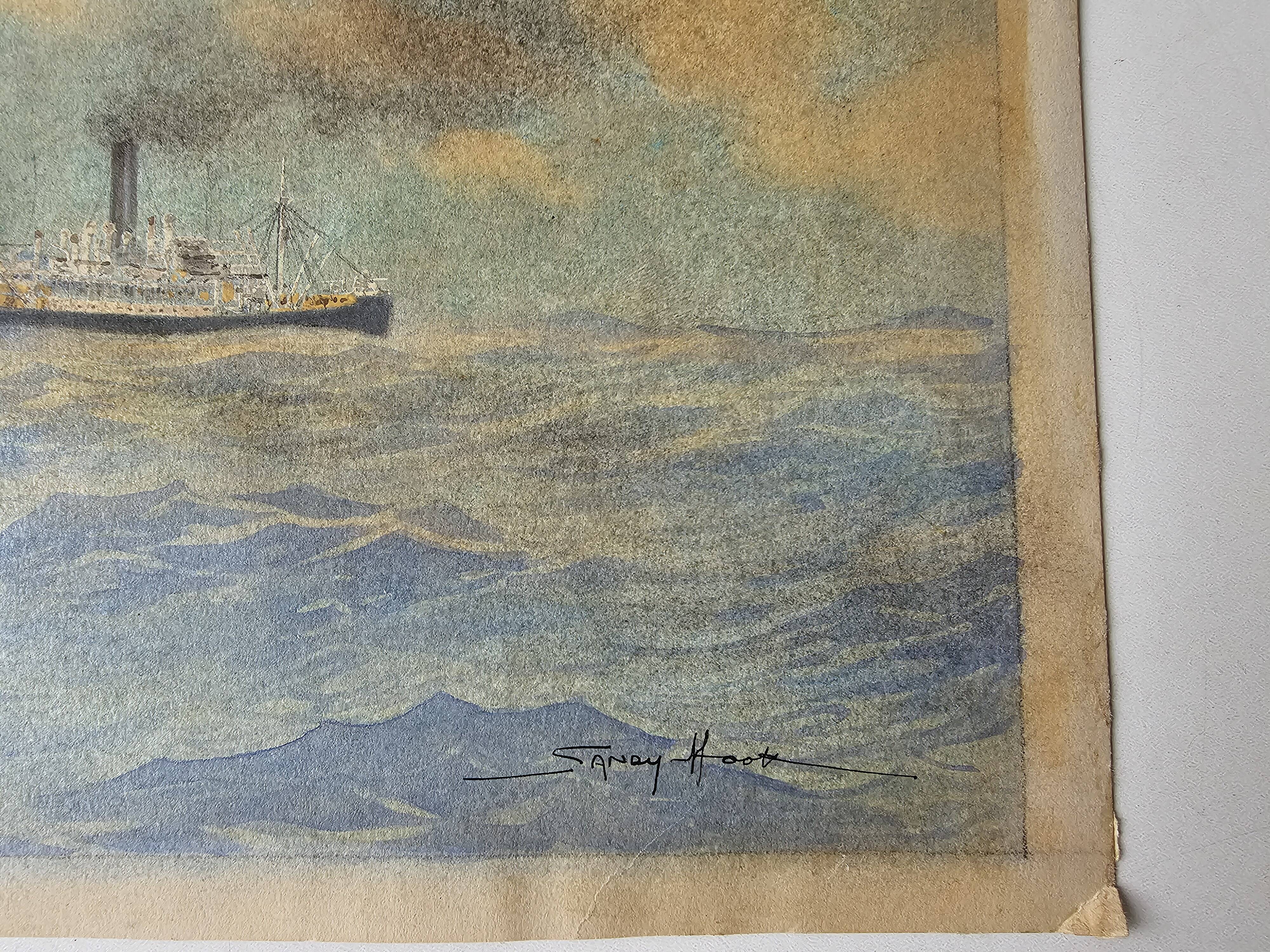 Watercolor of a liner at sea signed taboureau georges known as sandy-hook (1879-1960)