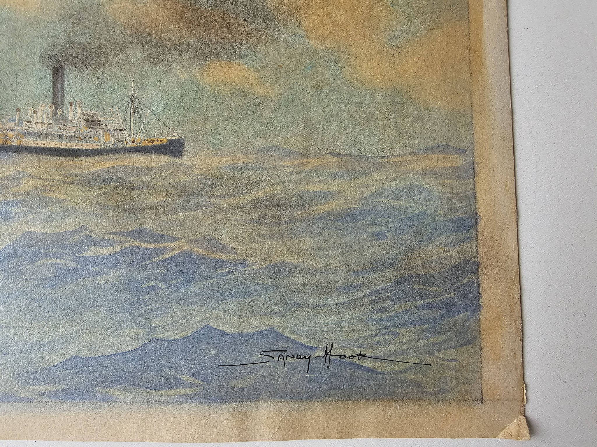 Watercolor of a liner at sea signed taboureau georges known as sandy-hook (1879-1960)