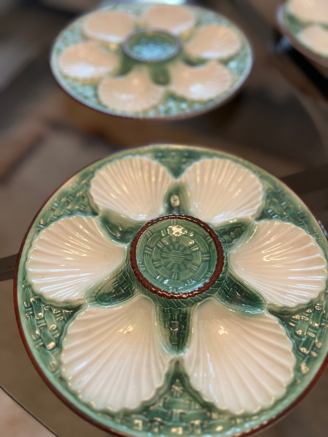 6 vintage slip oyster plates