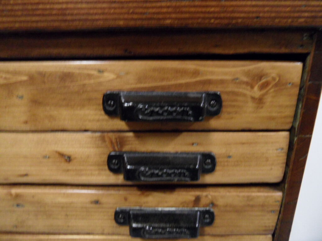 Industrial Dutch pine work bench with drawers