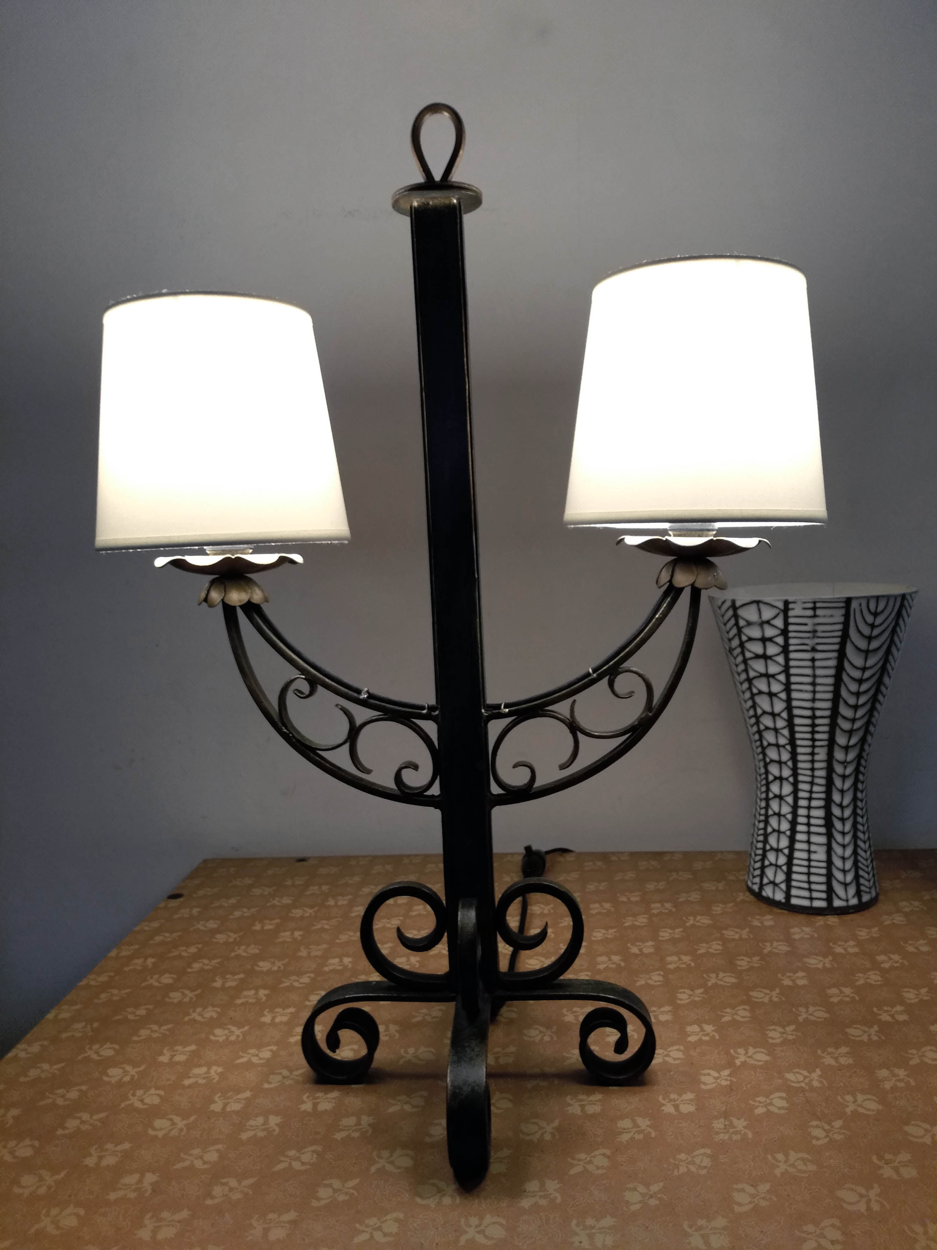 Table lamp, patinated wrought iron, 50s.
