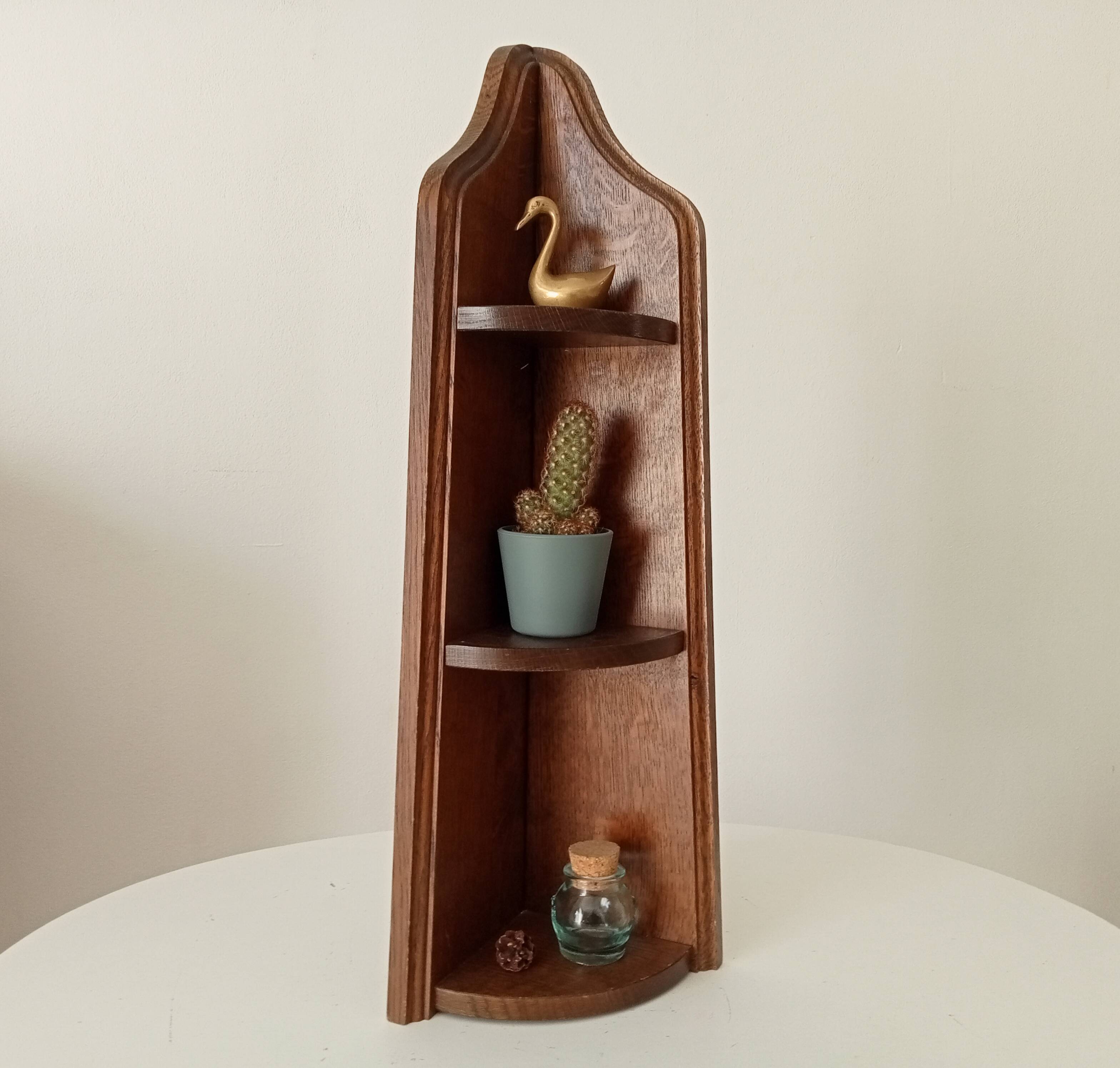 Vintage corner wall shelf in solid oak