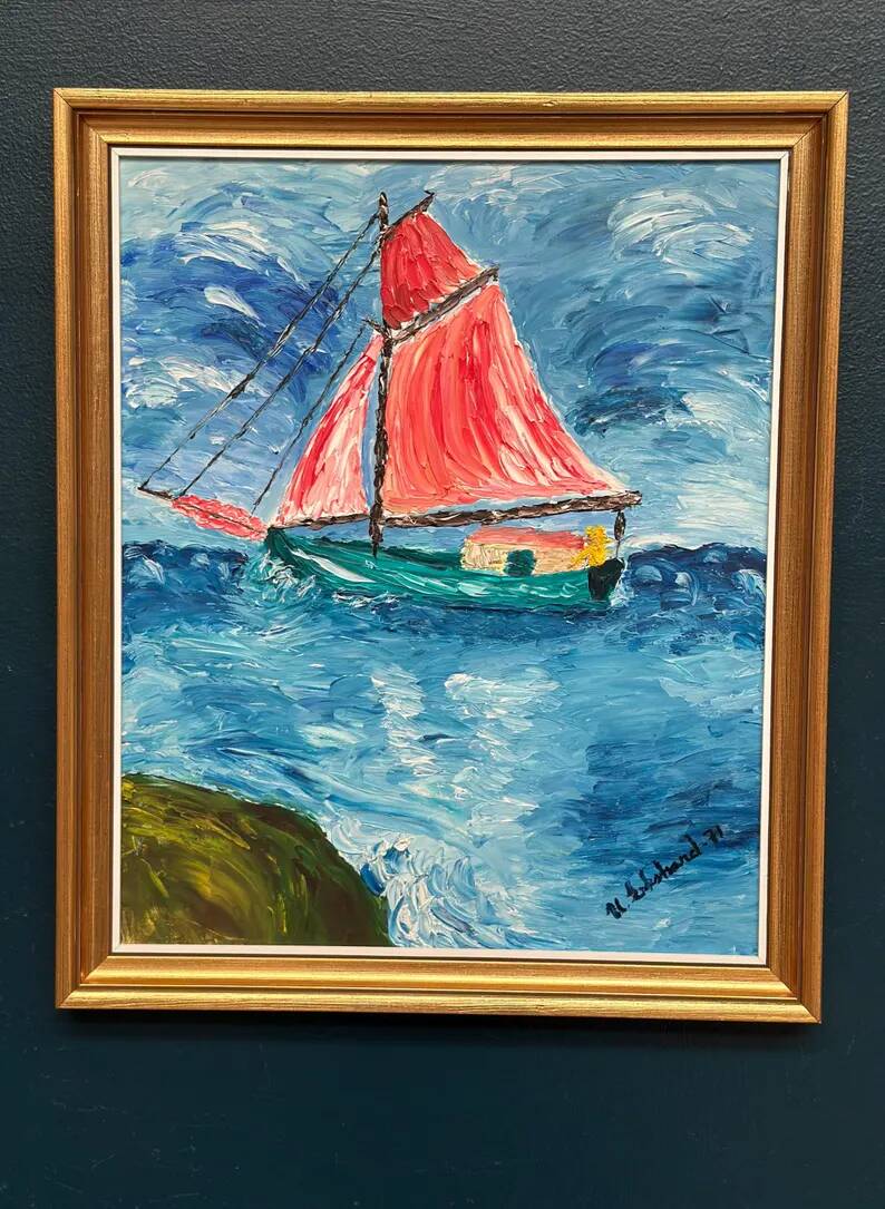 Original Swedish Oil on Panel – “Sailboat on the Water” by U. Ekshard – Signed – Dated 1971 – Vintage & Framed