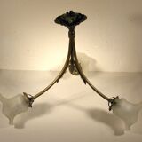 Three-spoke brass and glass chandelier