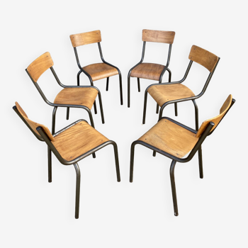 Set of 6 vintage industrial school chairs for communities mullca delagrave tube & wood 60s