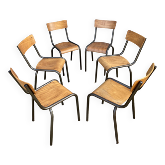 Set of 6 vintage industrial school chairs for communities mullca delagrave tube & wood 60s