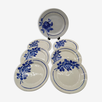 Blue Rose Service 6 flat plates and 1 vintage round plate