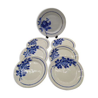 Service à la Rose bleue 6 assiettes plates et 1plat rond vintage