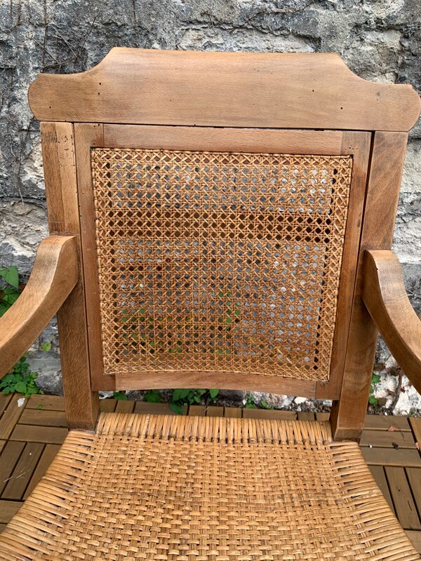 Fauteuil de barbier en bois cannage et paille 1900