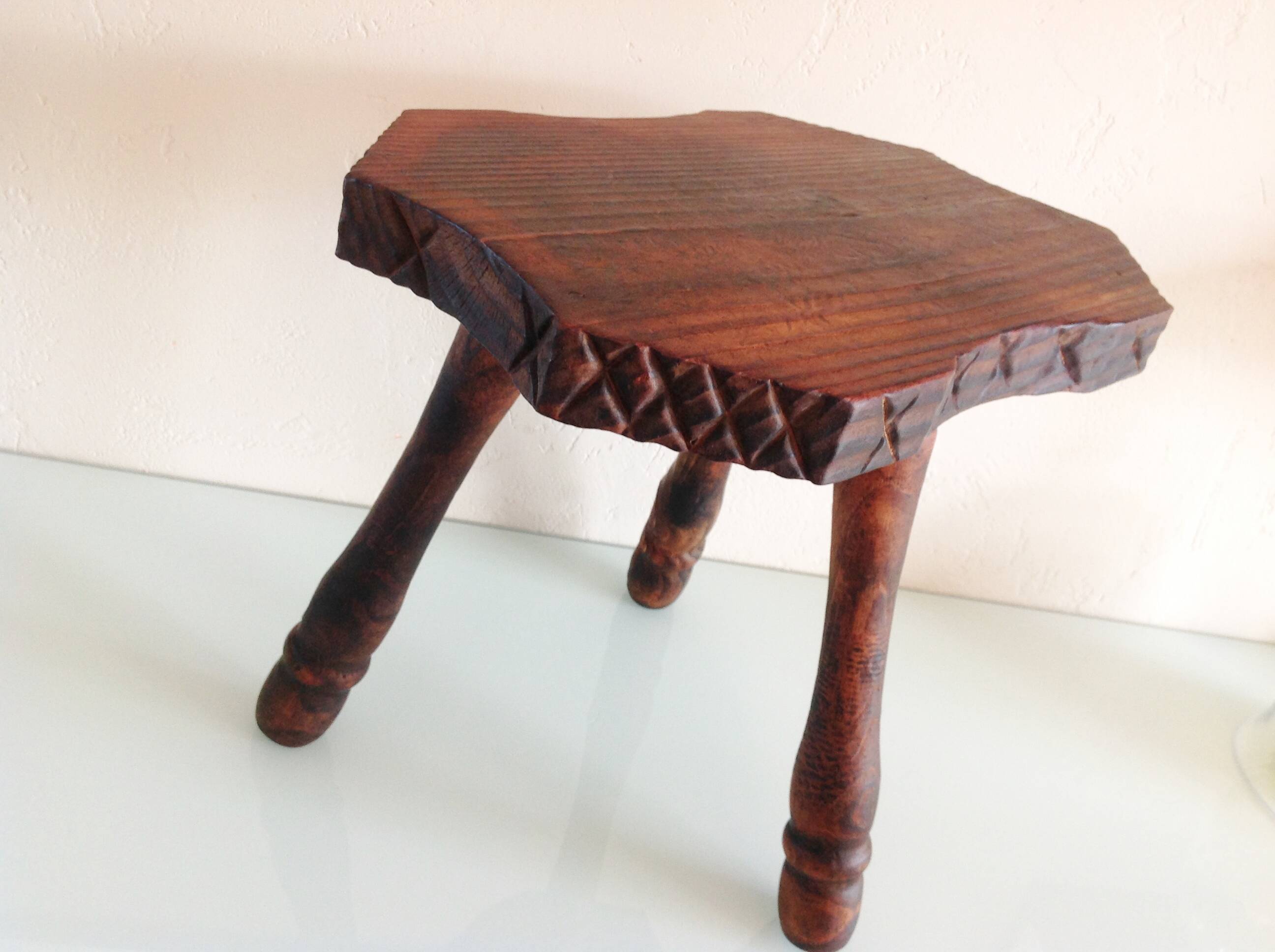 Vintage brutalist wooden tripod stool from the 60s and 70s