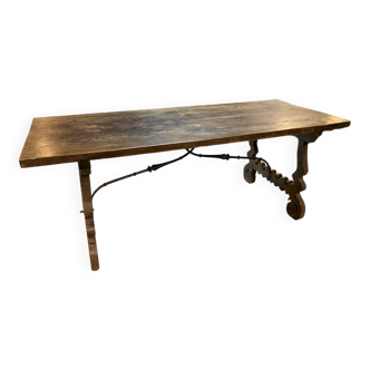 Large antique table with wrought iron stretcher, 207 x 82