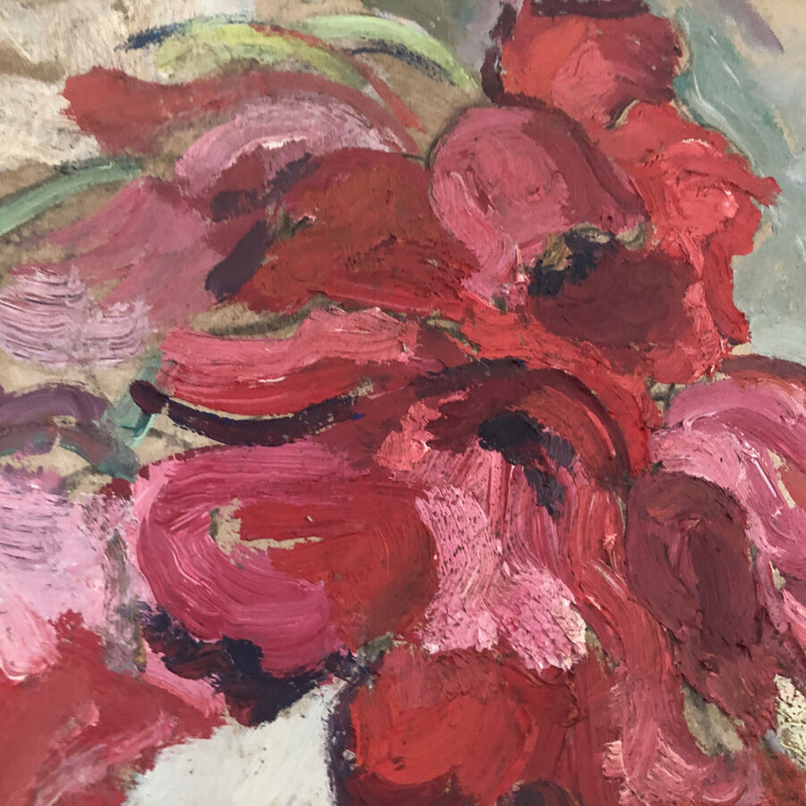 Table oil, still life, curly tulips